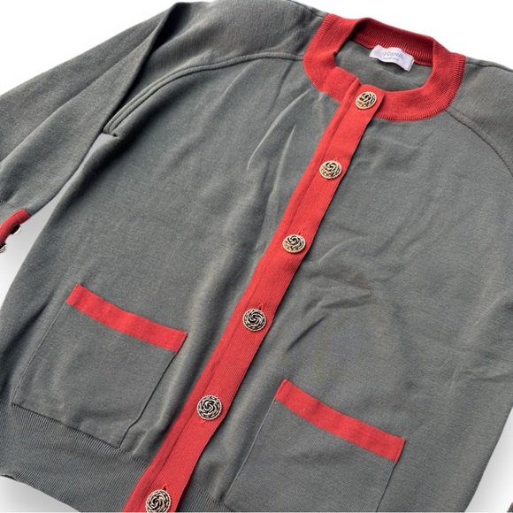 Olive Green Wool Knit Cardigan Contrast Hem Gold Buttons - Picture 3 of 11